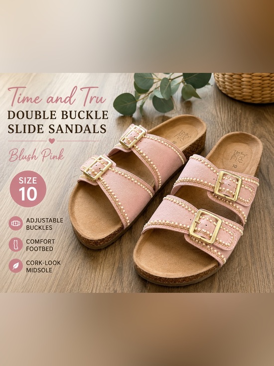 Time and Tru Shoes - Time and Tru Pink Embellished Double Buckle Cork Slide Sandals Size 10